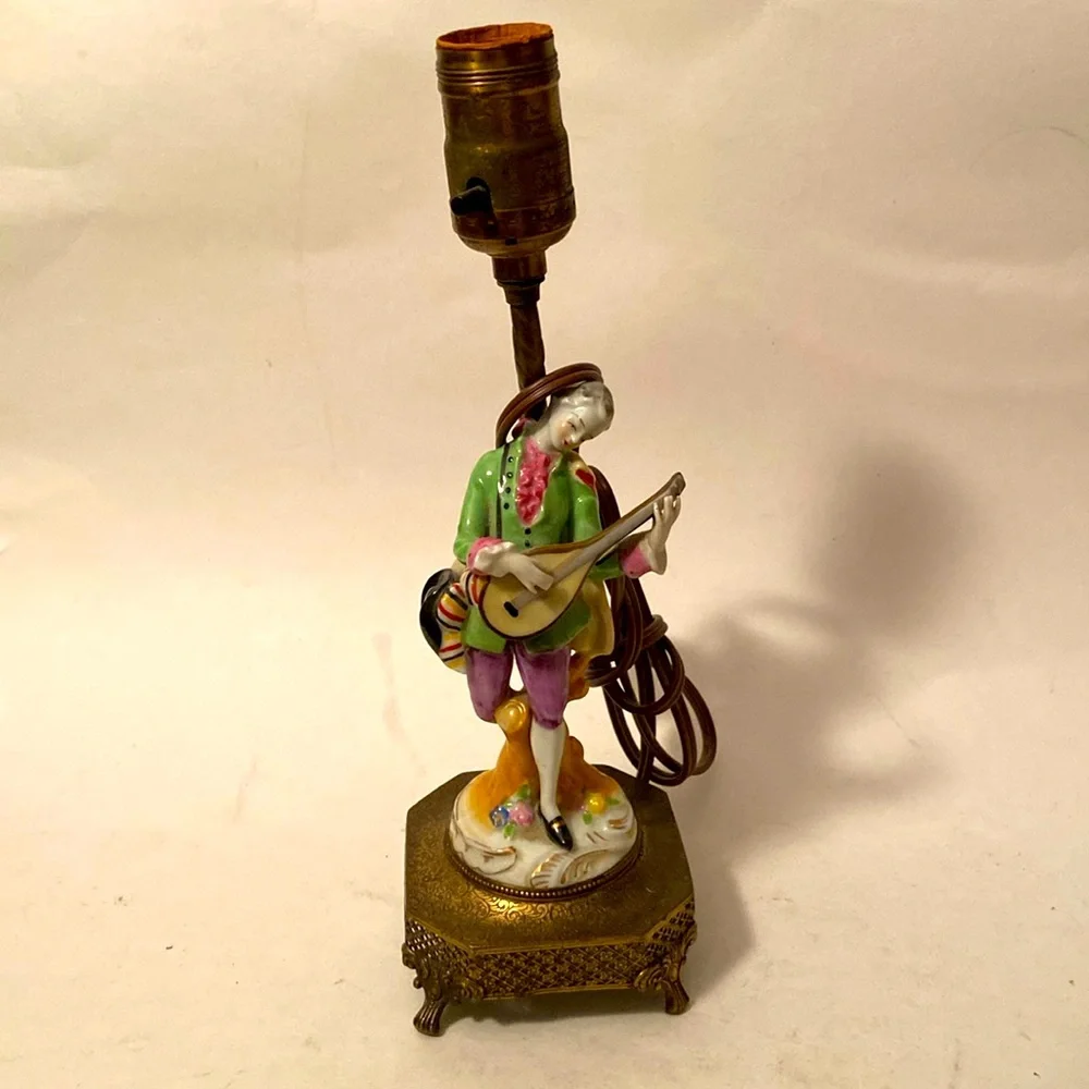 Boudoir Lamp Porcelain Colonial Man Plating Mandolin Brass Base 11